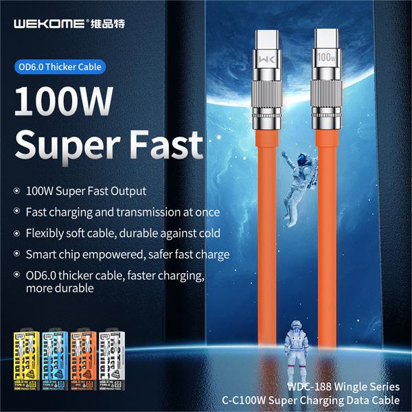Cáp Sạc Nhanh WEKOME WDC-188 100W C To C Dây Nhựa Mềm TPE, Đường Kính Siêu Dày 6mm