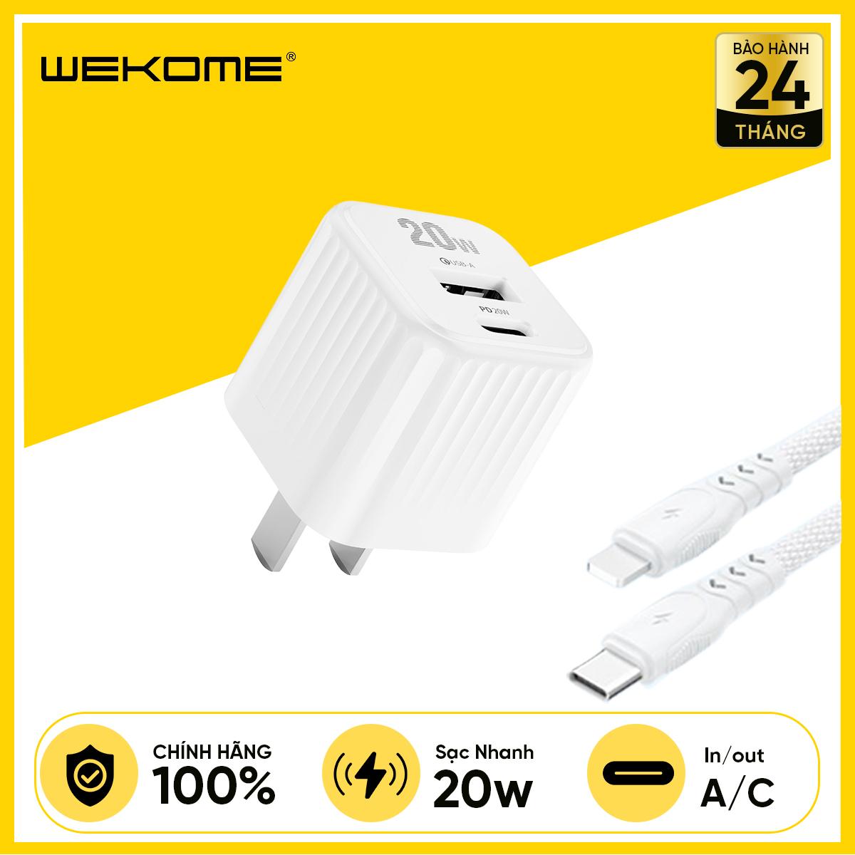 Bộ Sạc Kèm Cáp WEKOME WP-U129 PD20W Nhỏ Gọn, An Toàn (Củ Sạc 2 Cổng Output 1C/1A, Cáp C To Lightning Bọc Dù)