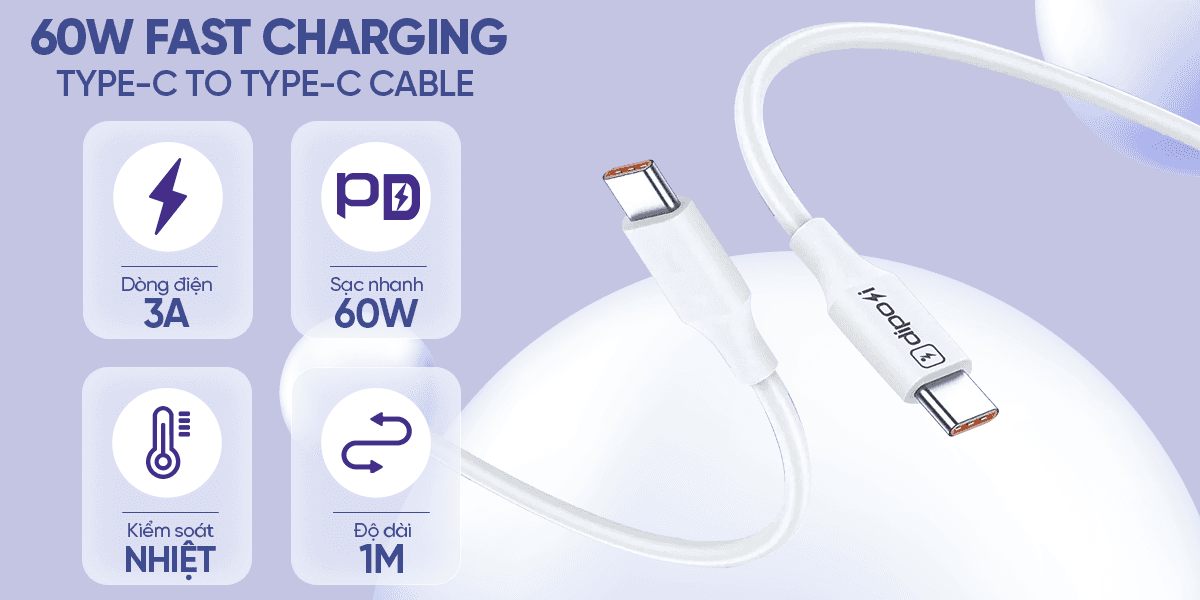 Cáp Sạc Nhanh Diposi C to C Thunder Cable 60W Chính Hãng