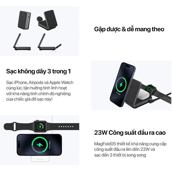 Đế Sạc Không Dây 3 in 1 Mazer Qi2 23W MagFold05 Chính Hãng
