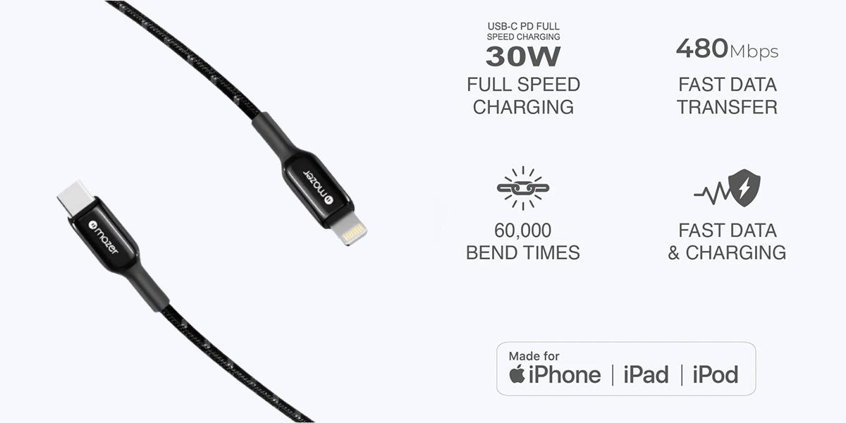 Dây cáp Mazer Infinite LINK Pro 3 Mfi certified USB-C to Lightning 30w 1.25m