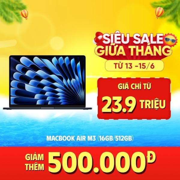 MacBook Air M3 13 Inch 8 CPU 10 GPU (16GB/512GB) Cũ 99%