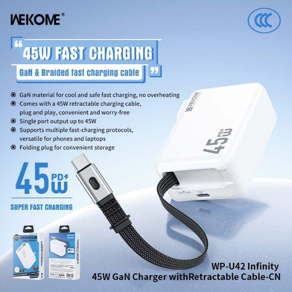 Bộ Sạc Kèm Cáp Dây Rút WEKOME WP-U42 GaN 45W Type-C 1C Chân Gập