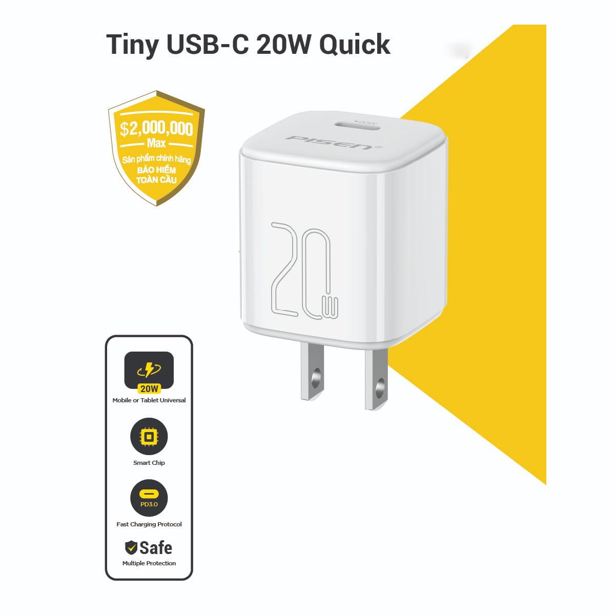 Củ Sạc Pisen Quick Mr White USB-C 20W Chính Hãng