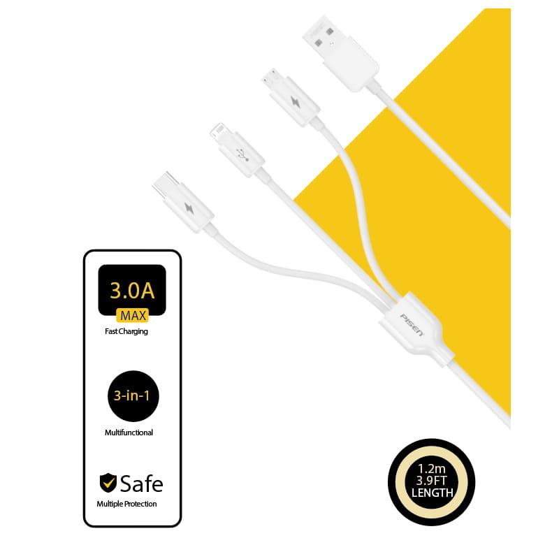 Cáp Sạc Pisen Mr White 3IN1 USB-A To Lightning/Type-C/Micro 1.2m Chính Hãng